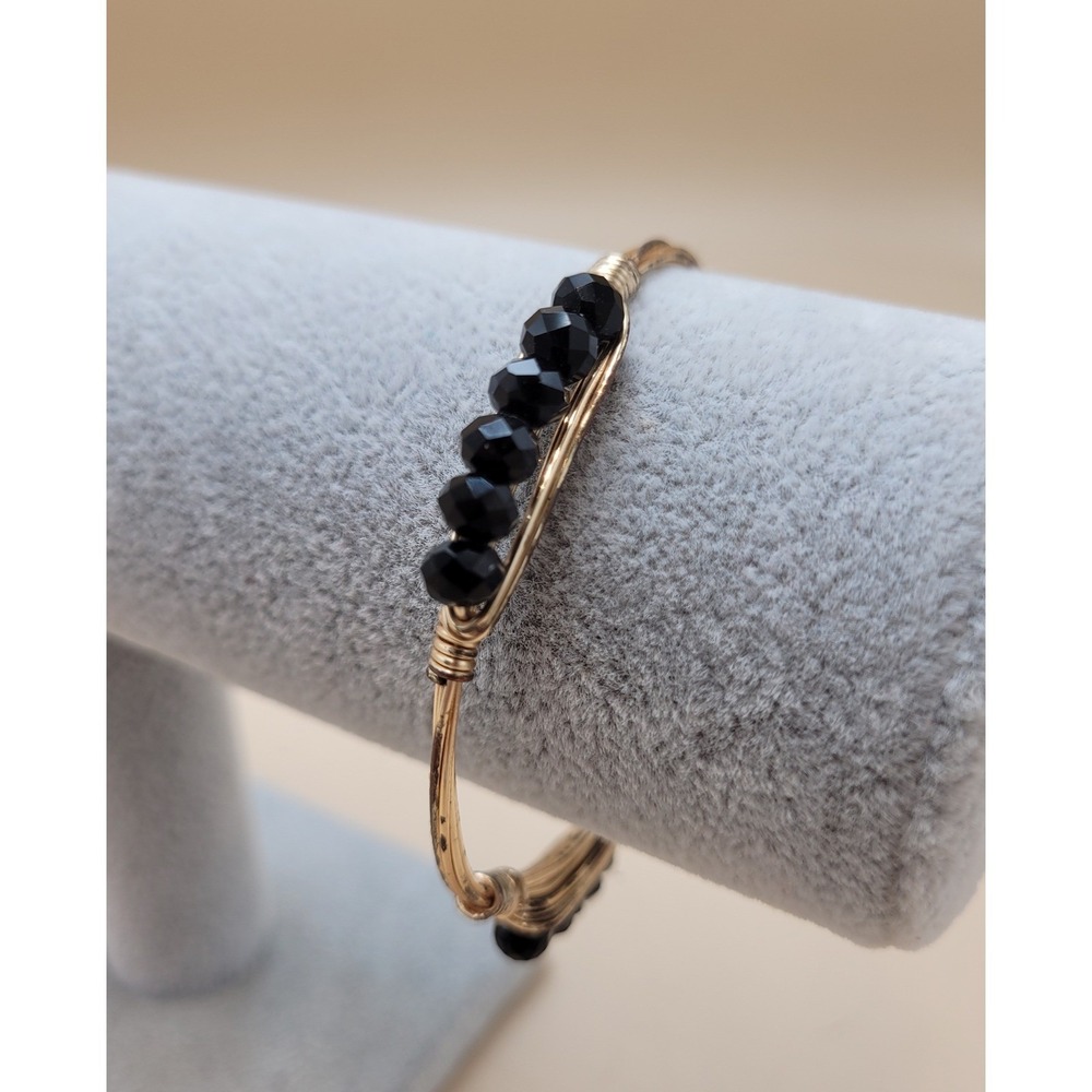 Handcrafted Gold Tone Wire Wrapped Bangle Bracelet Black Faceted Beads Size 7